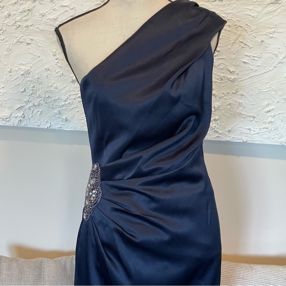 Eliza J Satin One Shoulder Cocktail Formal Dress Navy Blue Sz 6 Embellish Beads - Picture 5 of 10